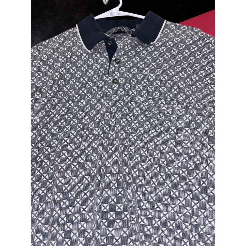 Vintage David Taylor Knit Polo Shirt Men's Large Blue Geometric Short Sleeve 90s